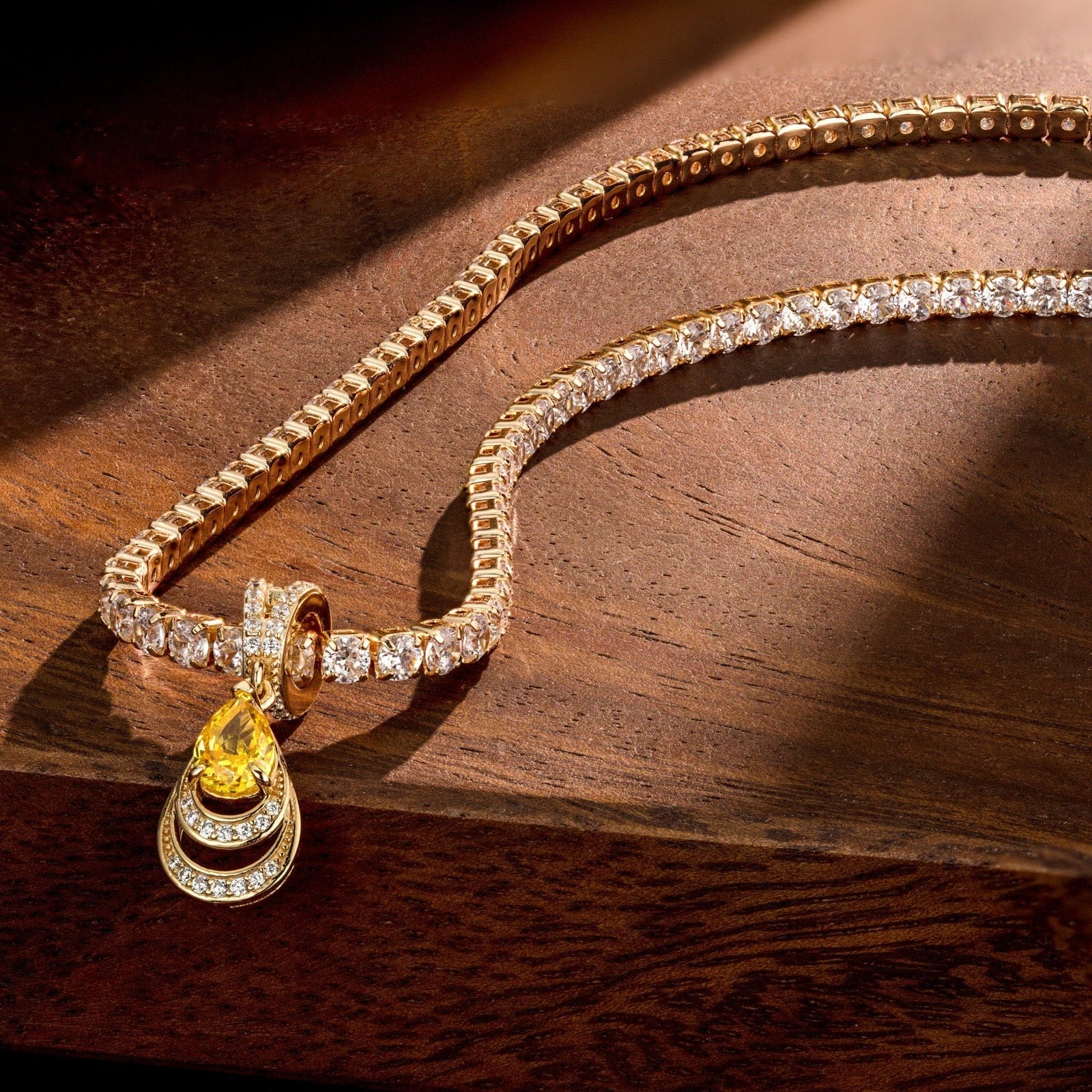 Sterling Silver Tennis Chain Mermaid’s Tear Charms Necklace Set – 14K Gold Plated