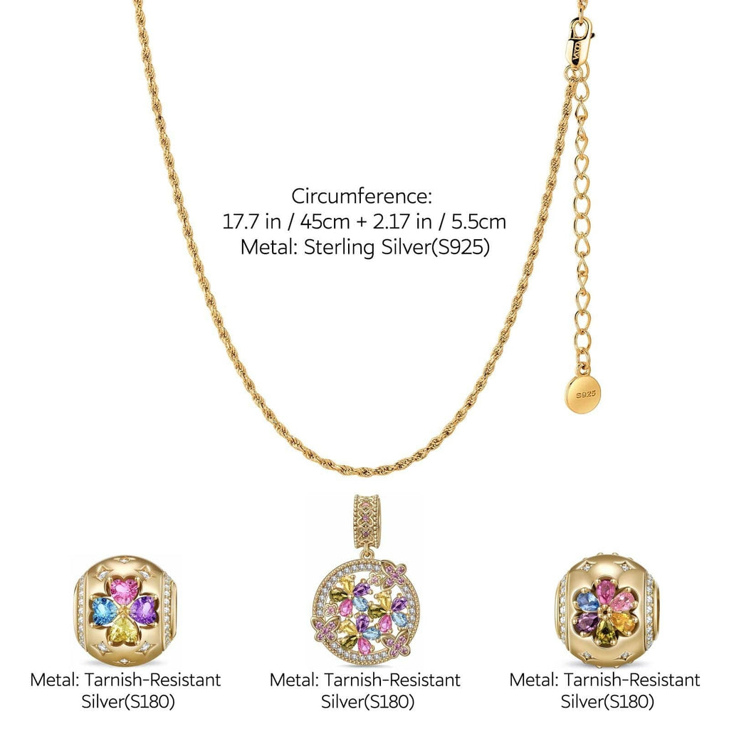Sterling Silver Blossom Beauty Charms Necklace Set – 14K Gold Plated