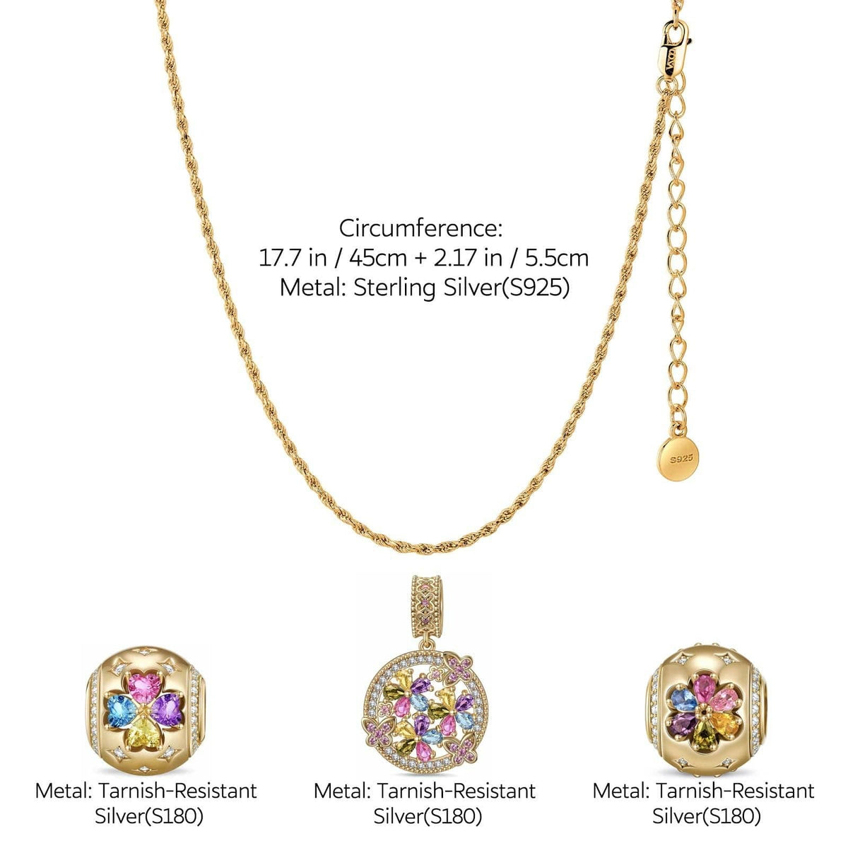 Sterling Silver Blossom Beauty Charms Necklace Set – 14K Gold Plated