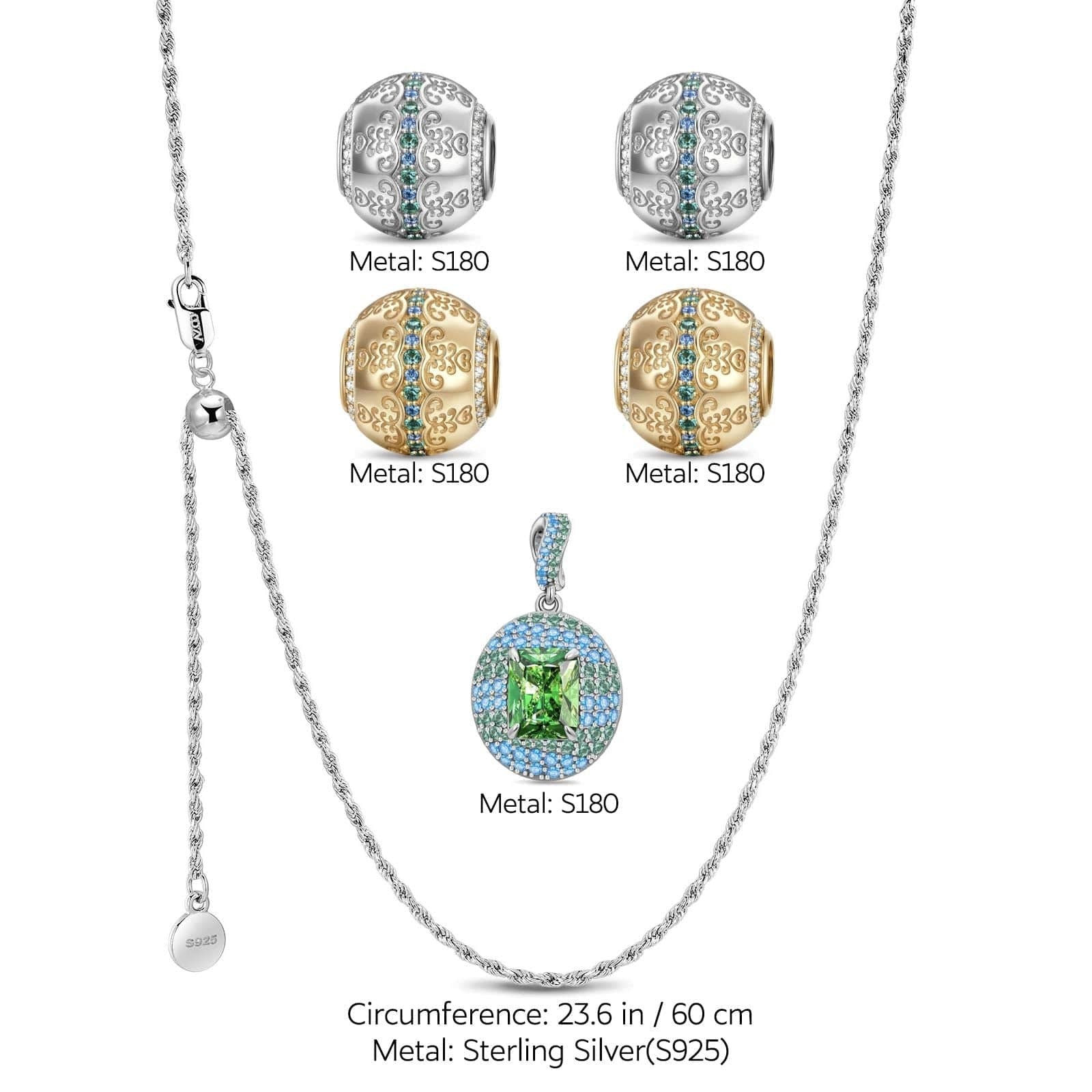 Sterling Silver Adjustable Rope Chain Flourishing Vine Charms Necklace Set – Dual Plating in 14K Gold & White Gold