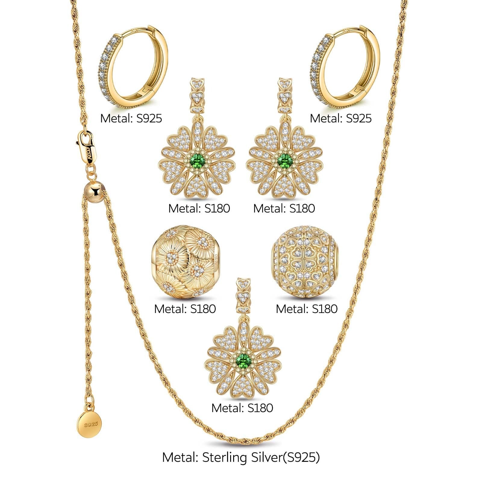 Sterling Silver Adjustable Rope Chain Blossoming Brilliance Charms Necklace & Earrings Set – 14K Gold Plated