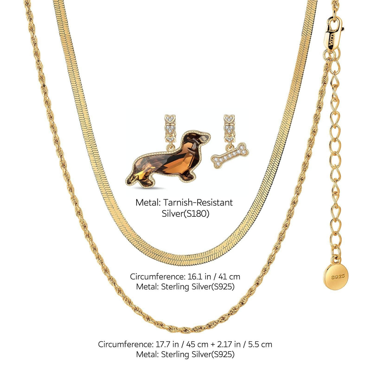 Sterling Silver Puppy Parade Charms Necklace Set with Crystal from Swarovski – 14K Gold Plated
