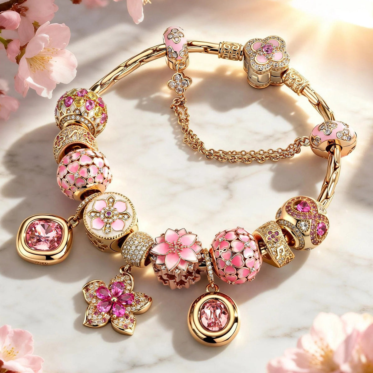 Cherry Blossom Love Story Charm Bracelet Set