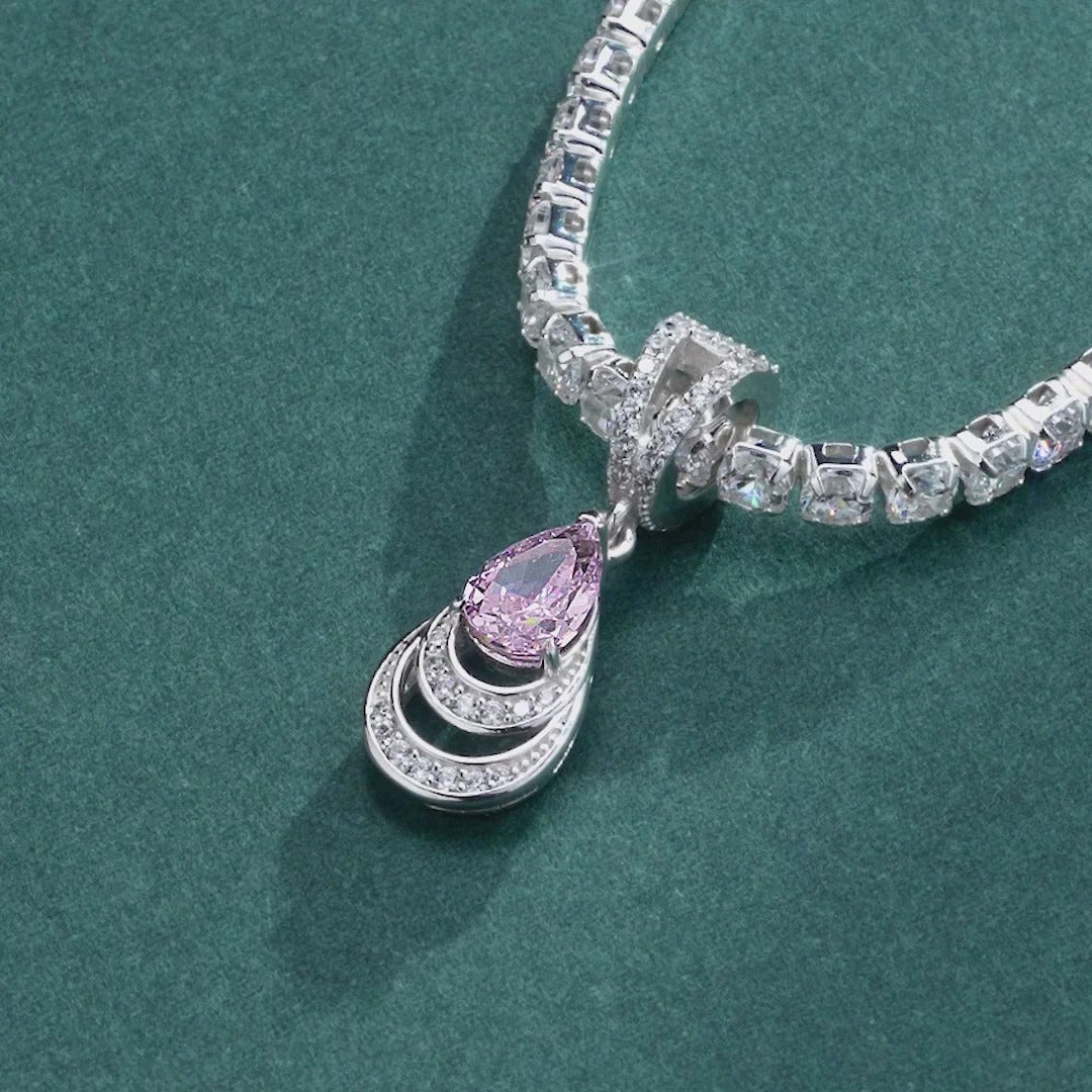 Sterling Silver Tennis Chain Mermaid’s Tear Charms Necklace Set – White Gold Plated