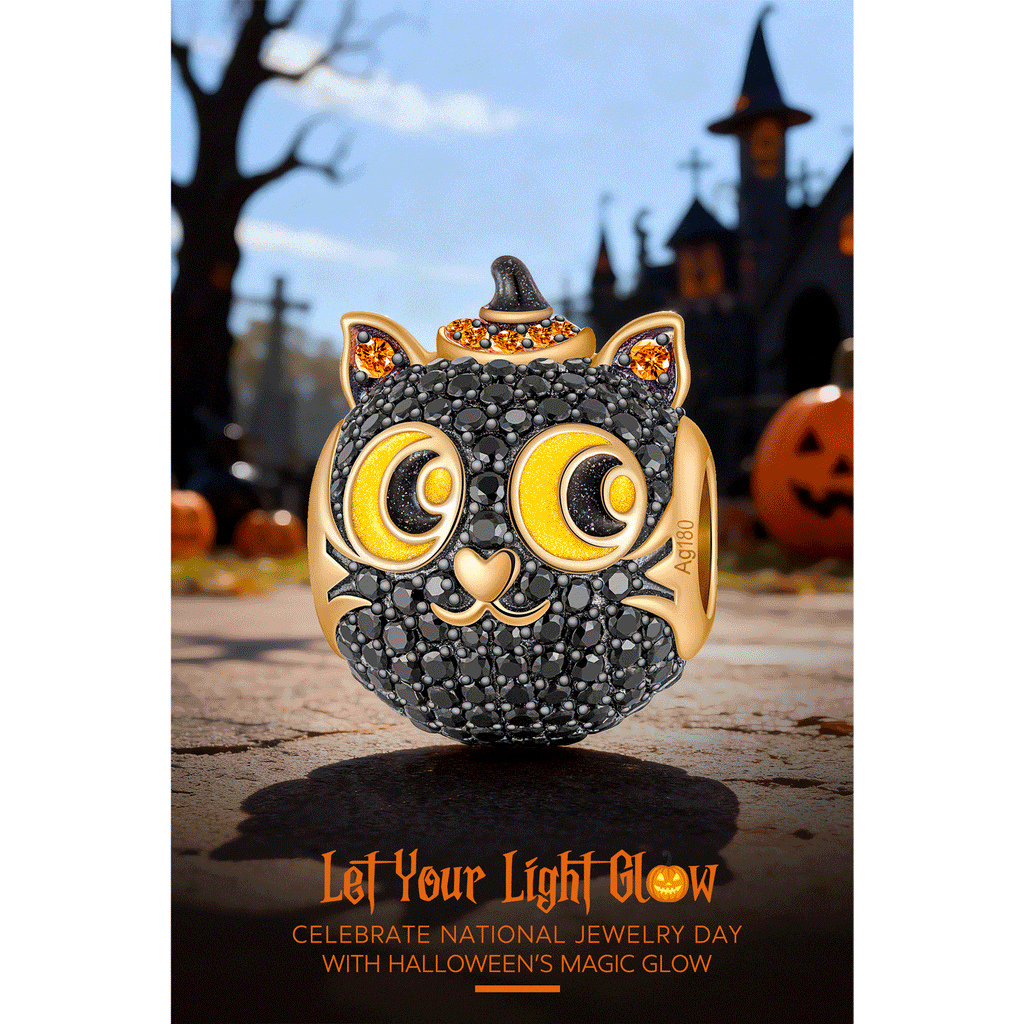 Luminous Halloween Black Cat Tarnish-Resistant Silver Charms With Enamel In 14K Gold Plated