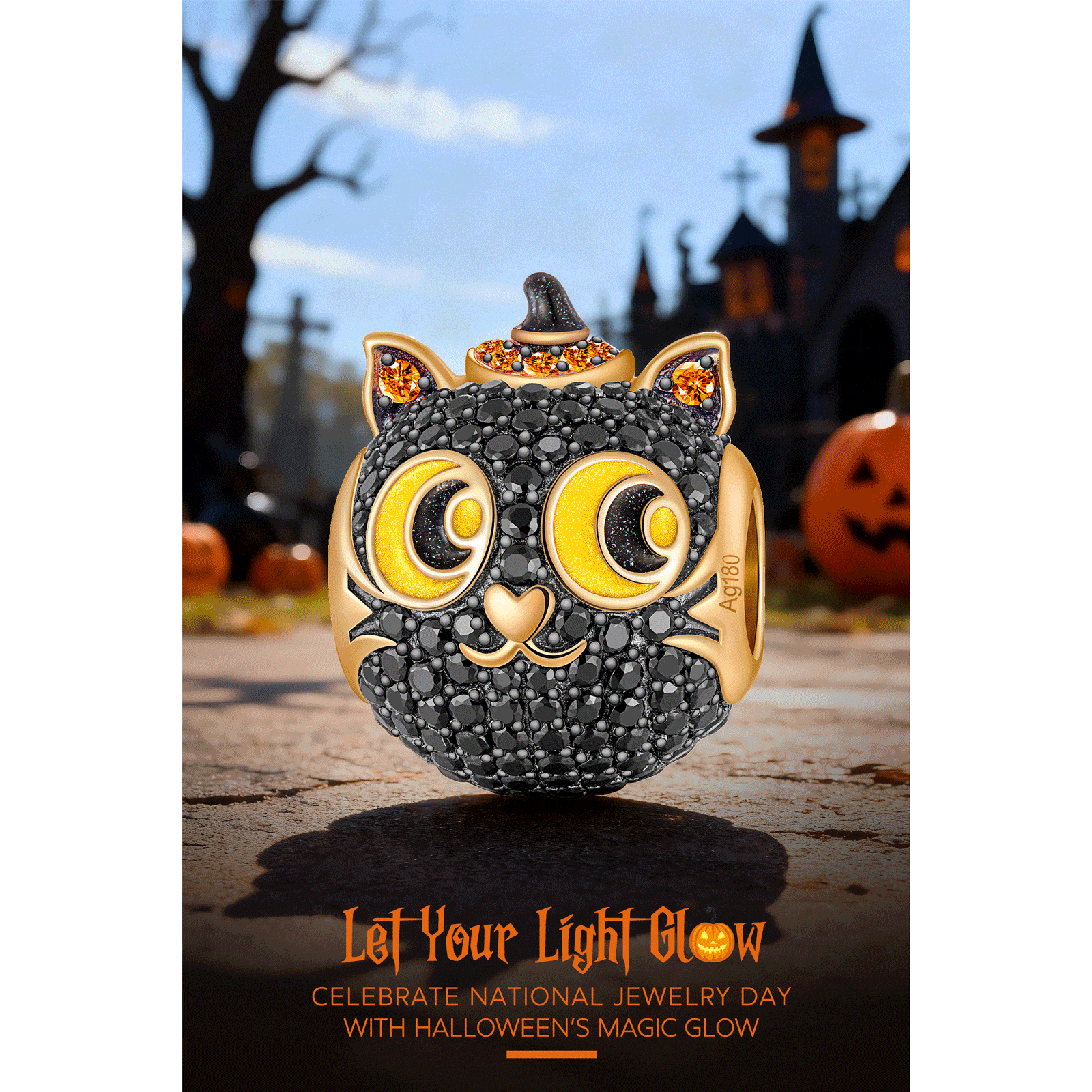 Luminous Halloween Black Cat Tarnish-Resistant Silver Charms With Enamel In 14K Gold Plated