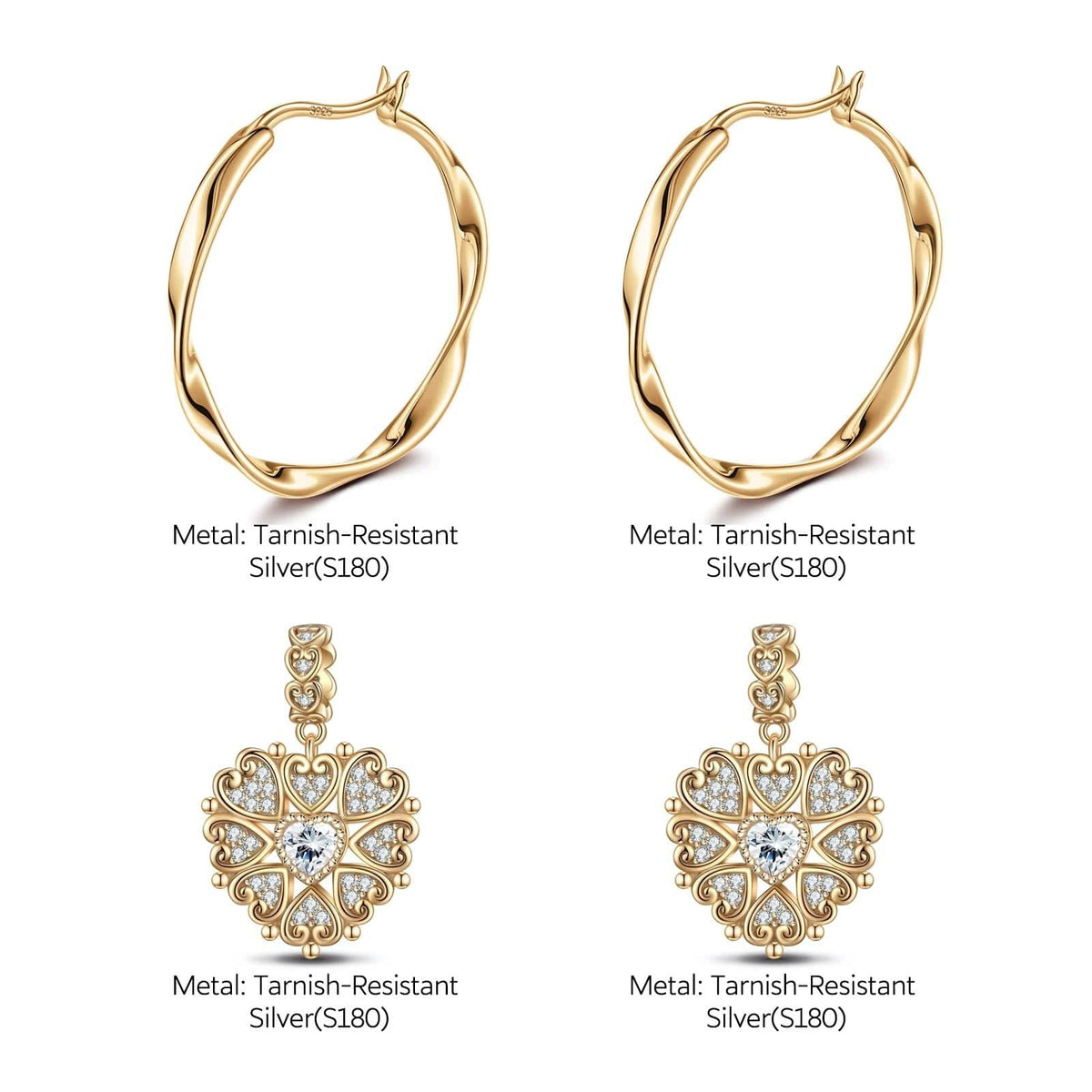 Queen Of Glitter Tarnish-Resistant Silver Charms Earrings Set M Size Classic Hoop Earrings with Sterling Silver Ear Post In 14K Gold Plated
