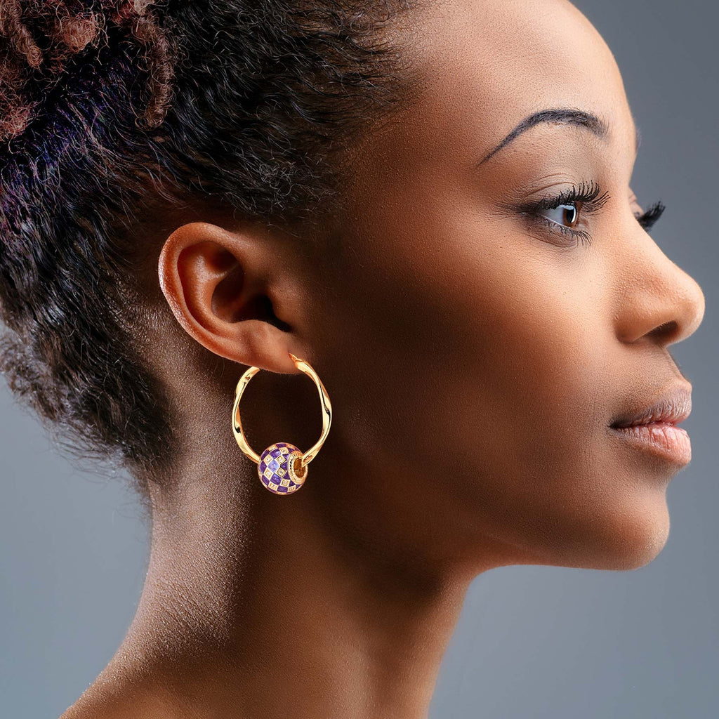 Purple Magic City Tarnish-Resistant Silver Charms Earrings Set M Size Classic Hoop Earrings with Sterling Silver Ear Post With Enamel In 14K Gold Plated