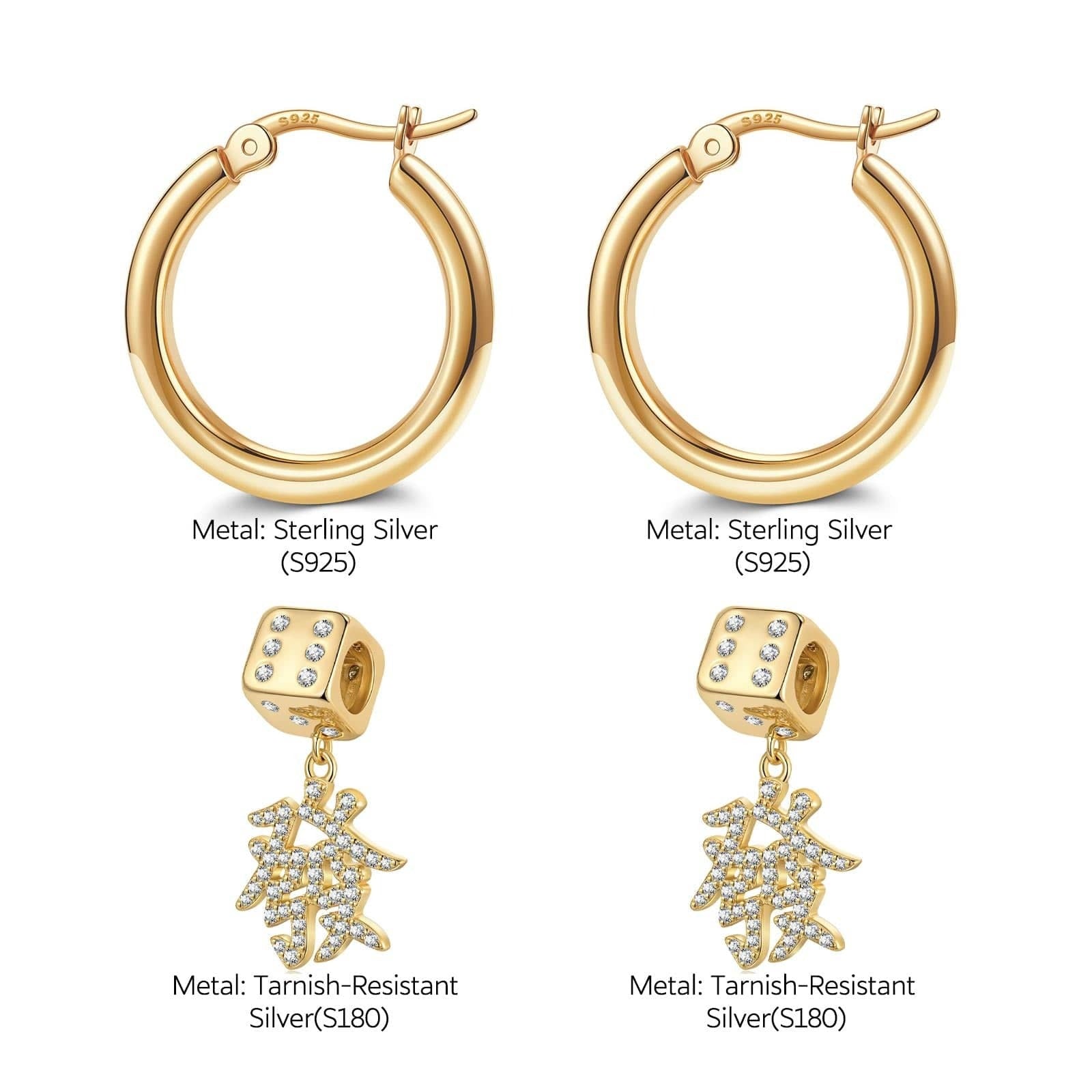 Sterling Silver Four-Leaf Clover Charms Earrings Set In 14K Gold Plated