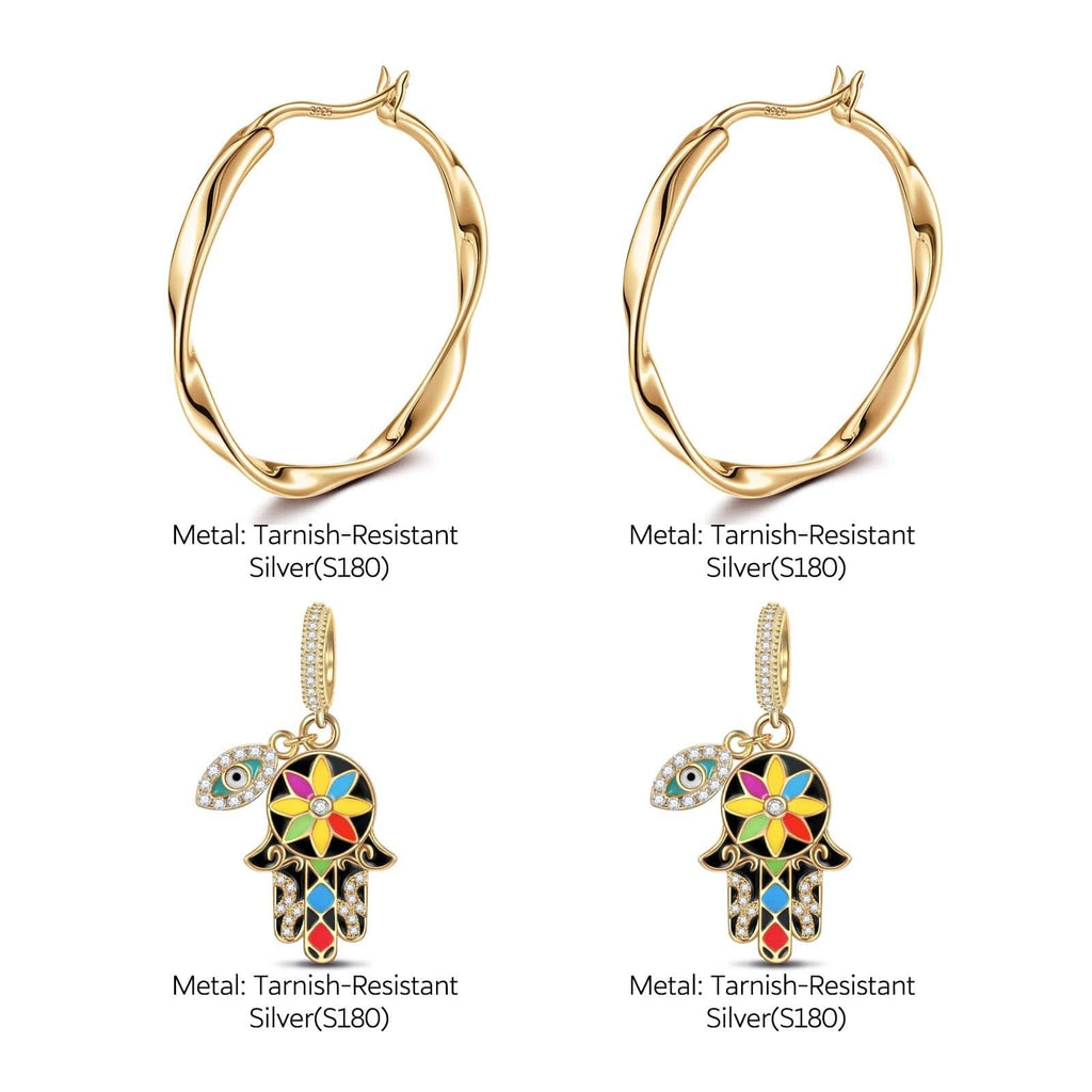 Lucky Hamsa Tarnish-Resistant Silver Charms Earrings Set with Sterling Silver Ear Post With Enamel In 14K Gold Plated