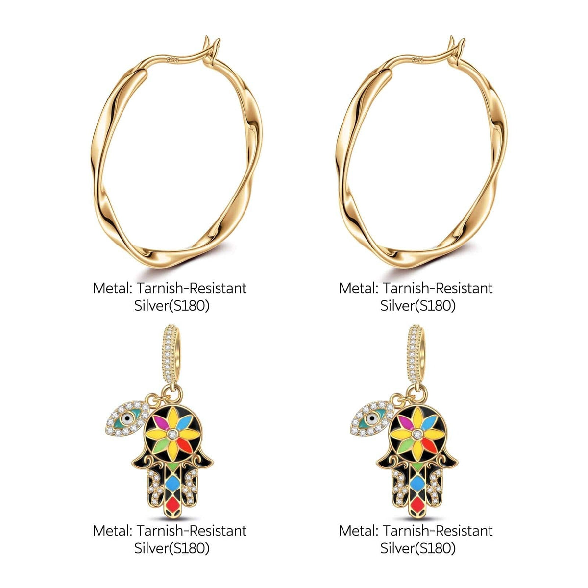 Lucky Hamsa Tarnish-Resistant Silver Charms Earrings Set with Sterling Silver Ear Post With Enamel In 14K Gold Plated