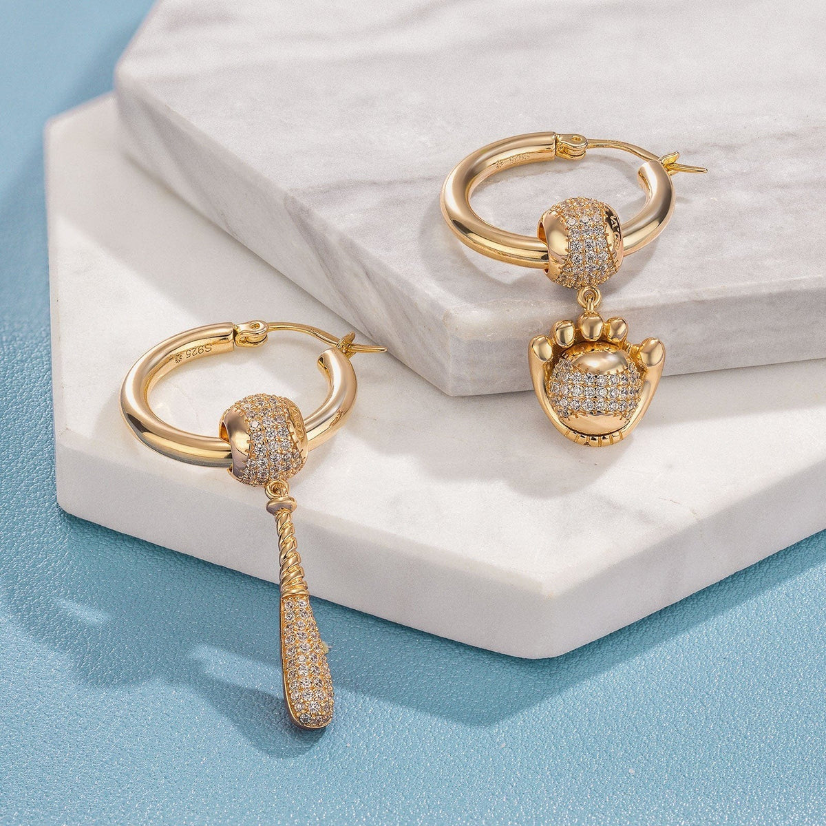Sterling Silver Vitality of Baseball Charms Earrings Set In 14K Gold Plated