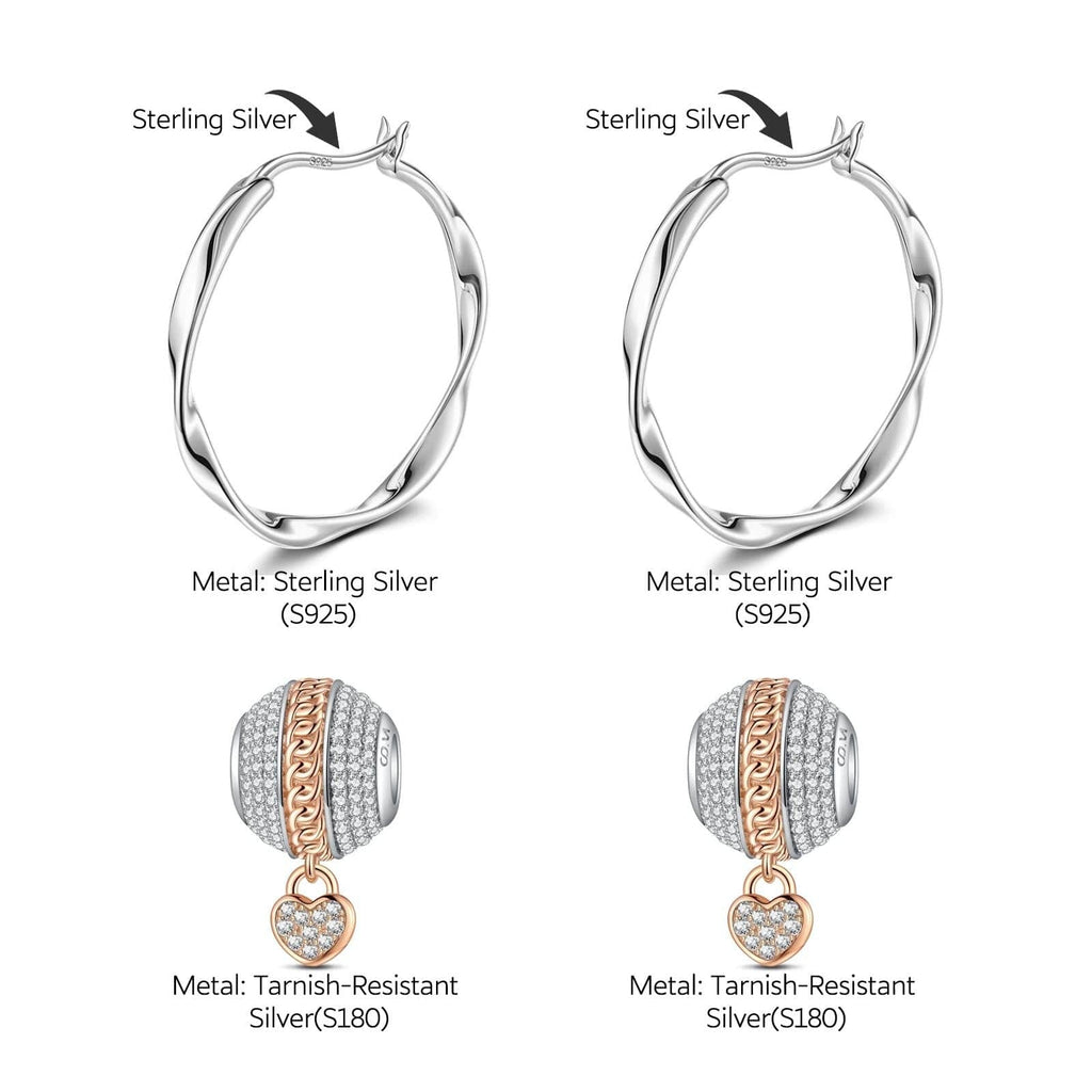 Sterling Silver Love Heart Chain Charms Earrings Set, Featuring Dual Plating in Rose Gold and White Gold