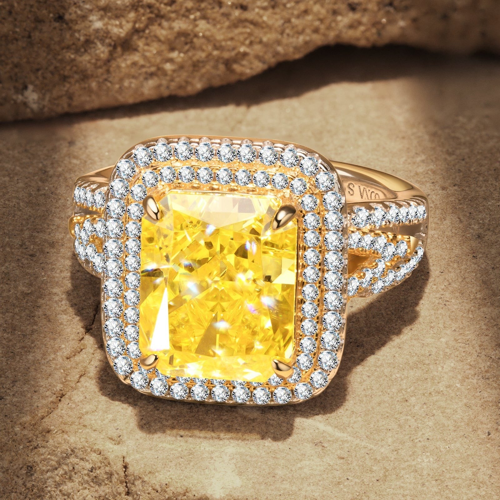 Radiant Modified Brilliant Cut Fancy Vivid Yellow Ice-Frosted Sparkle Lab Zircon Halo Classic Engagement Ring – White Gold Plated