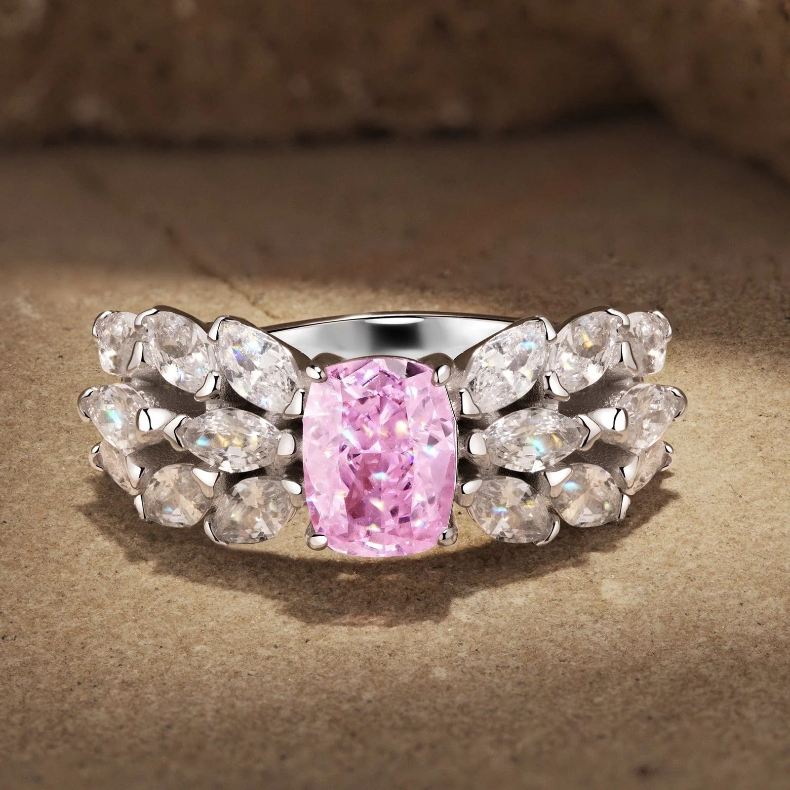6×8mm Cushion Modified Brilliant Cut Fancy Vivid Pink Ice-Frosted Sparkle Lab Zircon Pavé Classic Engagement Ring – White Gold Plated