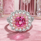 Cushion Cut Fancy Vivid Rose Lab-Certified Pink Sapphire Halo Classic Engagement Ring – Two-Tone Plating