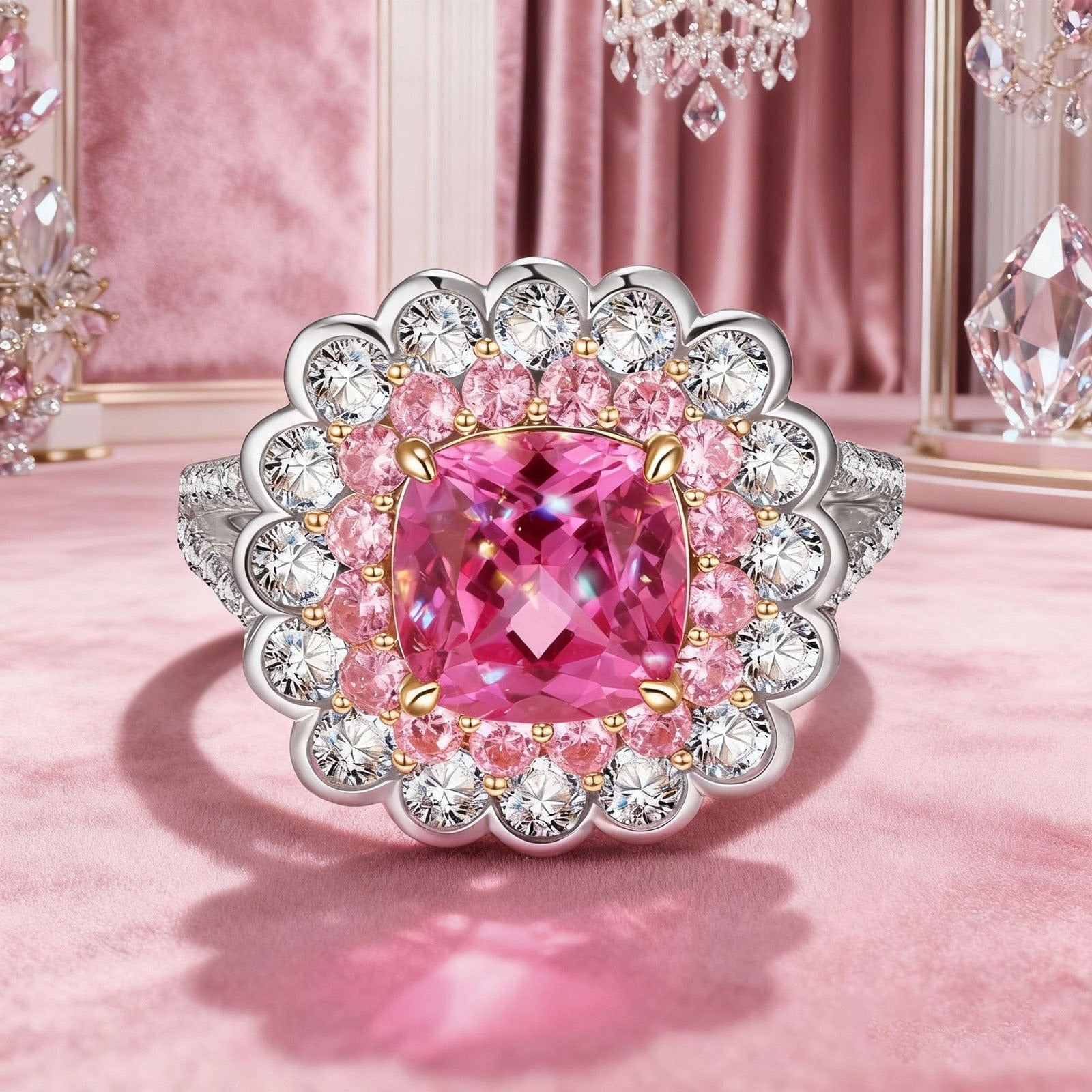 Cushion Cut Fancy Vivid Rose Lab-Certified Pink Sapphire Halo Classic Engagement Ring – Two-Tone Plating