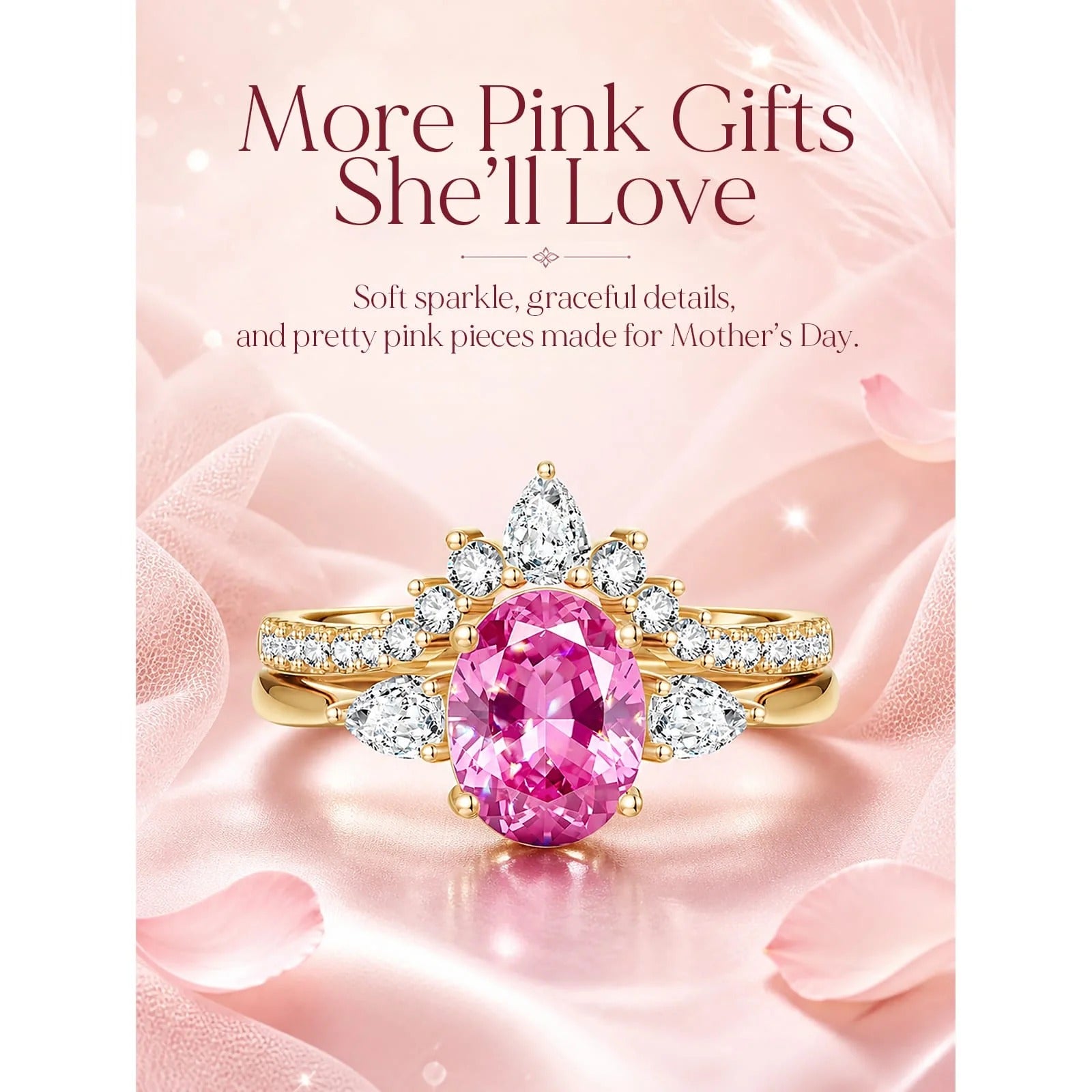 Oval Brilliant Cut Vivid Rose Lab-Certified Pink Sapphire Classic Stackable Ring Set – 14K Yellow Gold Plated