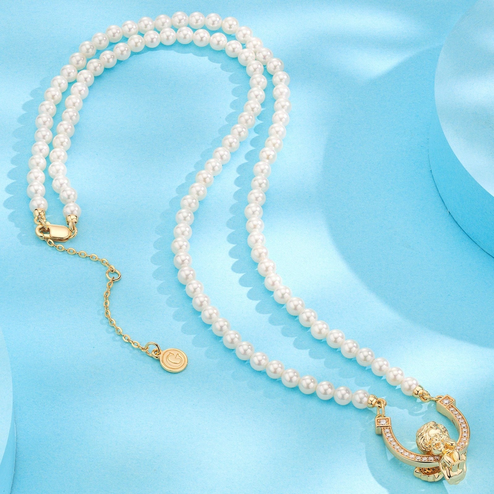 Horseshoe Tarnish-Resistant Silver Pearl Little Angel Charms Necklace Set – 14K Gold Plated