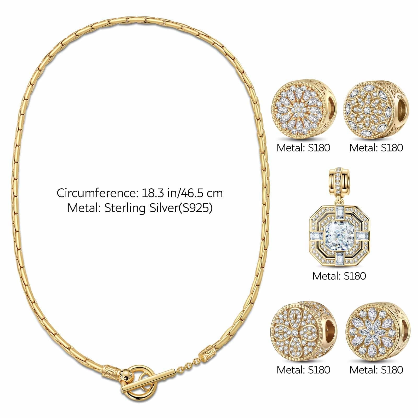 Sterling Silver Luminescent Elegance Charms Necklace Set – 14K Gold Plated