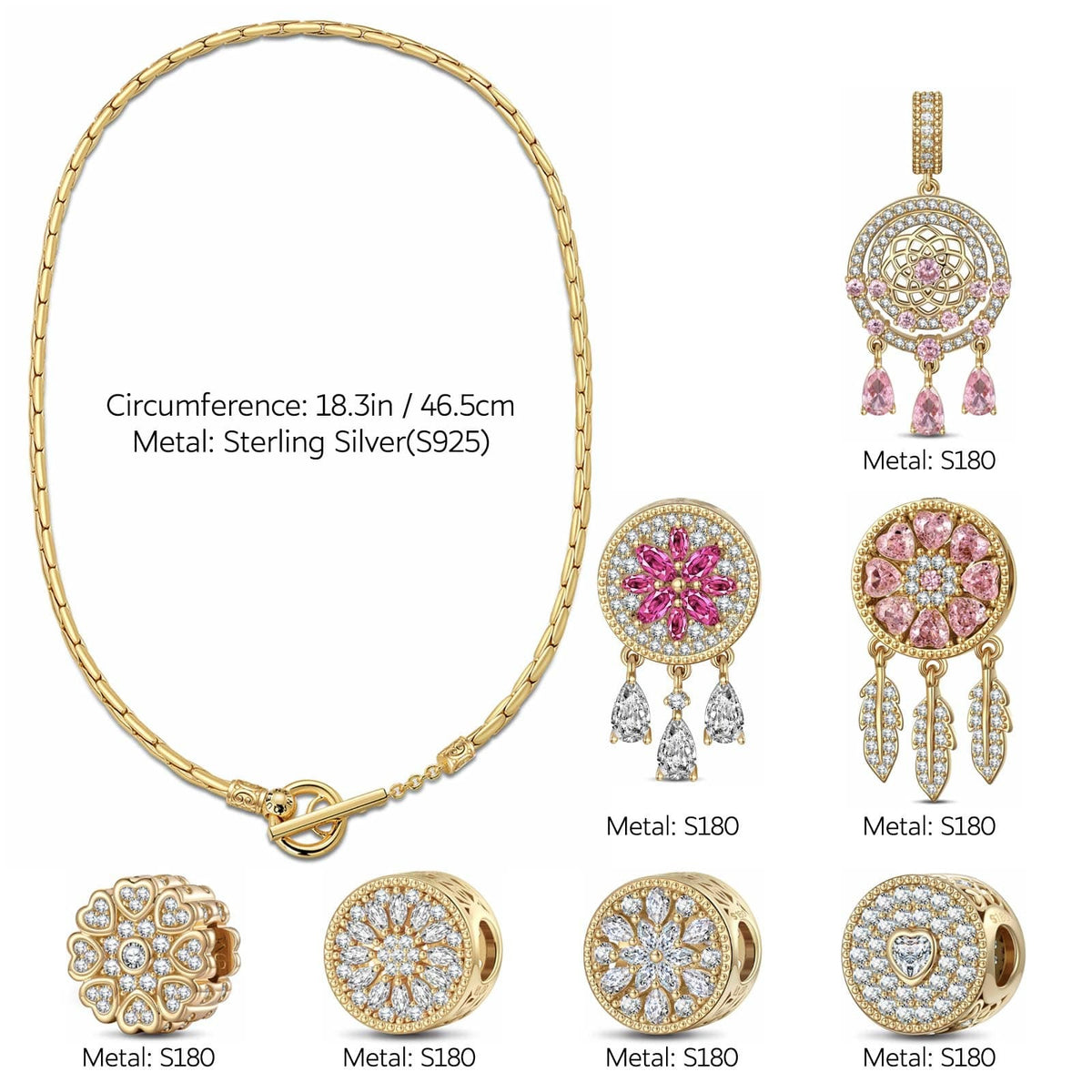 Sterling Silver Rosy Dreams Charms Necklace Set – 14K Gold Plated