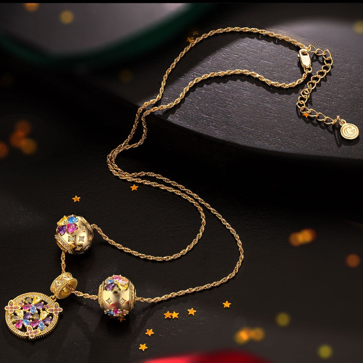 Sterling Silver Blossom Beauty Charms Necklace Set – 14K Gold Plated