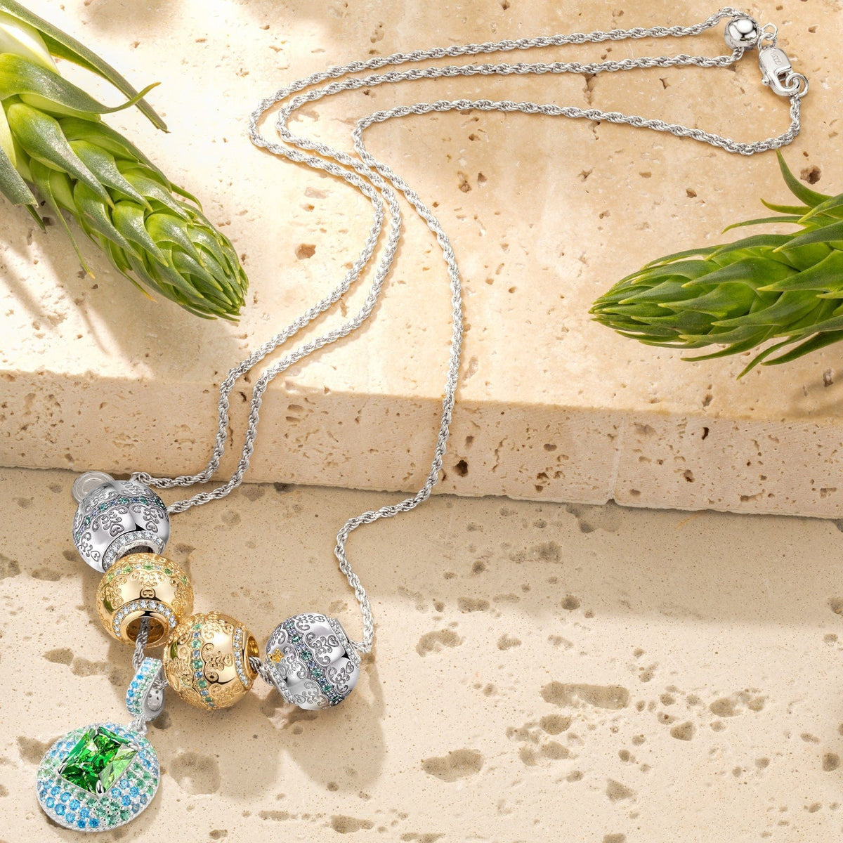 Sterling Silver Adjustable Rope Chain Flourishing Vine Charms Necklace Set – Dual Plating in 14K Gold & White Gold