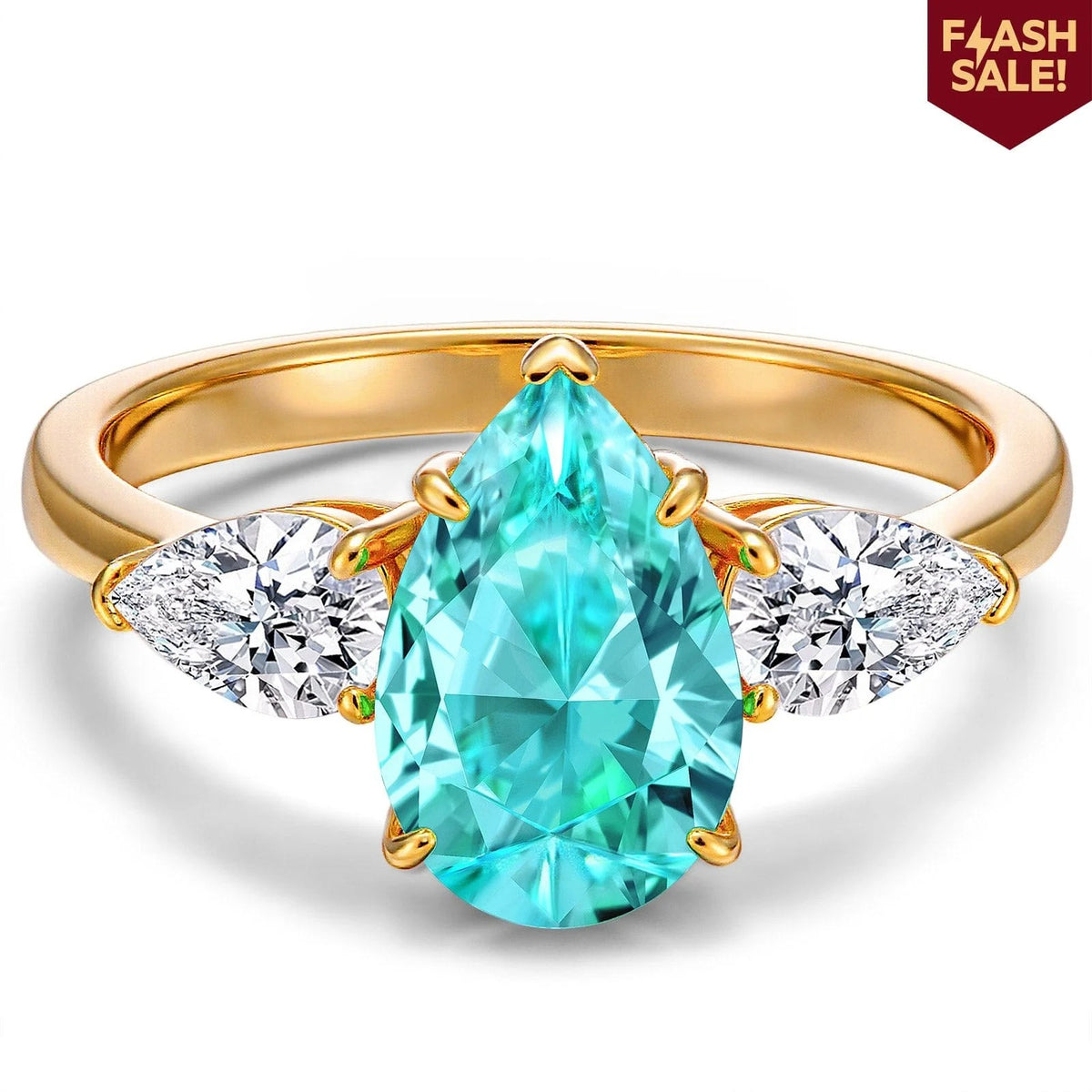Pear Brilliant Cut Lab-Certified Paraiba Tourmaline Three Stone Classic Engagement Ring – 14K Yellow Gold Plated