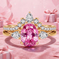 Oval Brilliant Cut Vivid Rose Lab-Certified Pink Sapphire Classic Stackable Ring Set – 14K Yellow Gold Plated