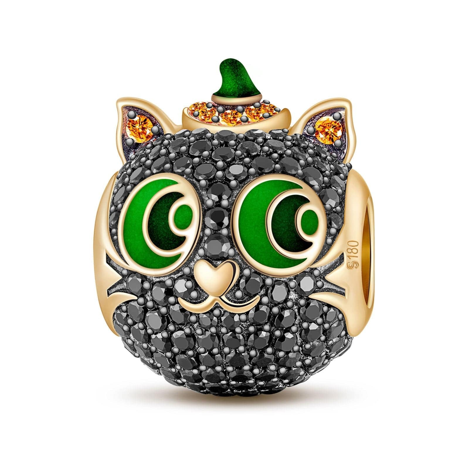 Luminous Halloween Black Cat Tarnish-Resistant Silver Charms With Enamel In 14K Gold Plated