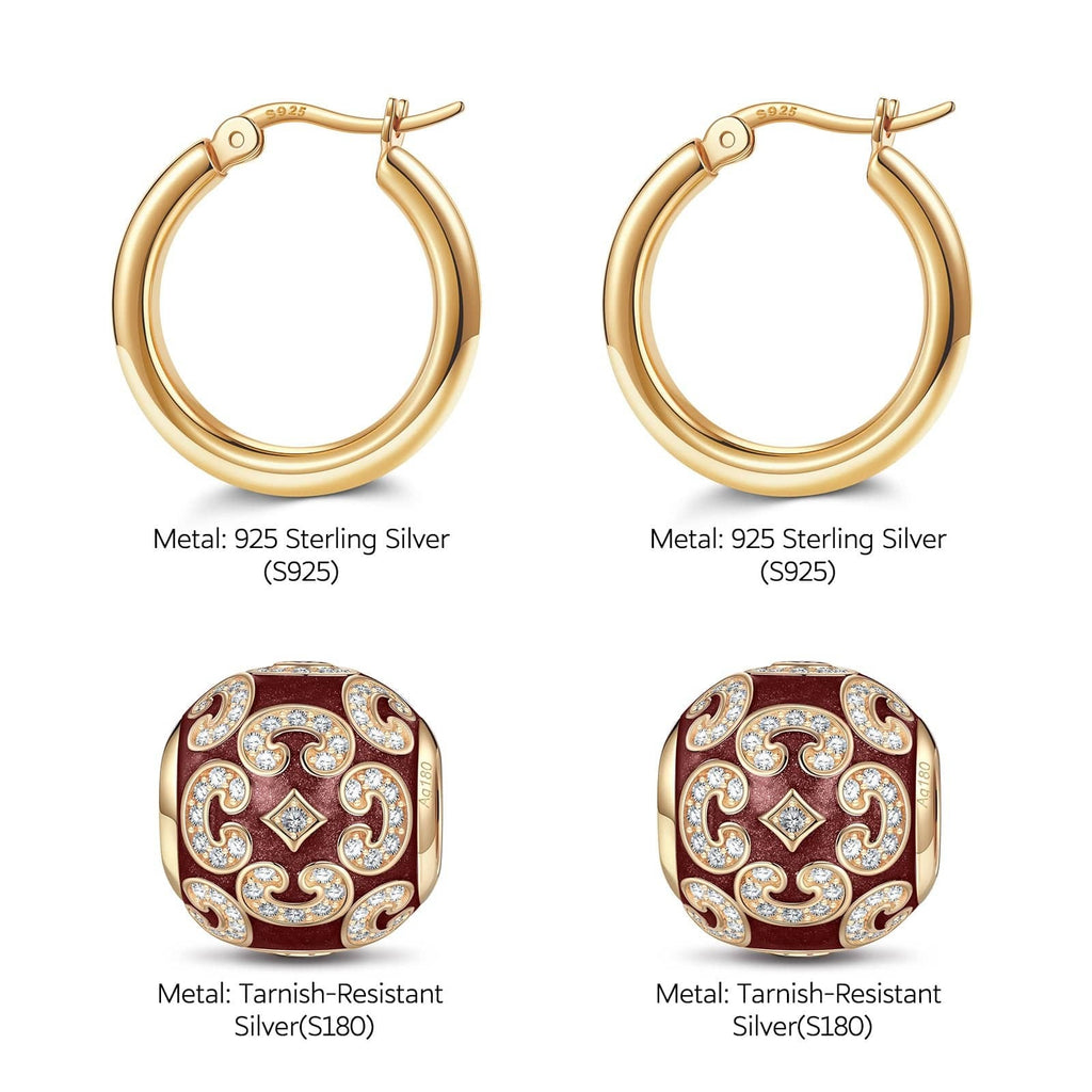 Sterling Silver Burgundy Versailles Ball Hoop Earrings With Enamel In 14K Gold Plated
