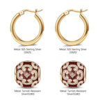 Sterling Silver Burgundy Versailles Ball Hoop Earrings With Enamel In 14K Gold Plated