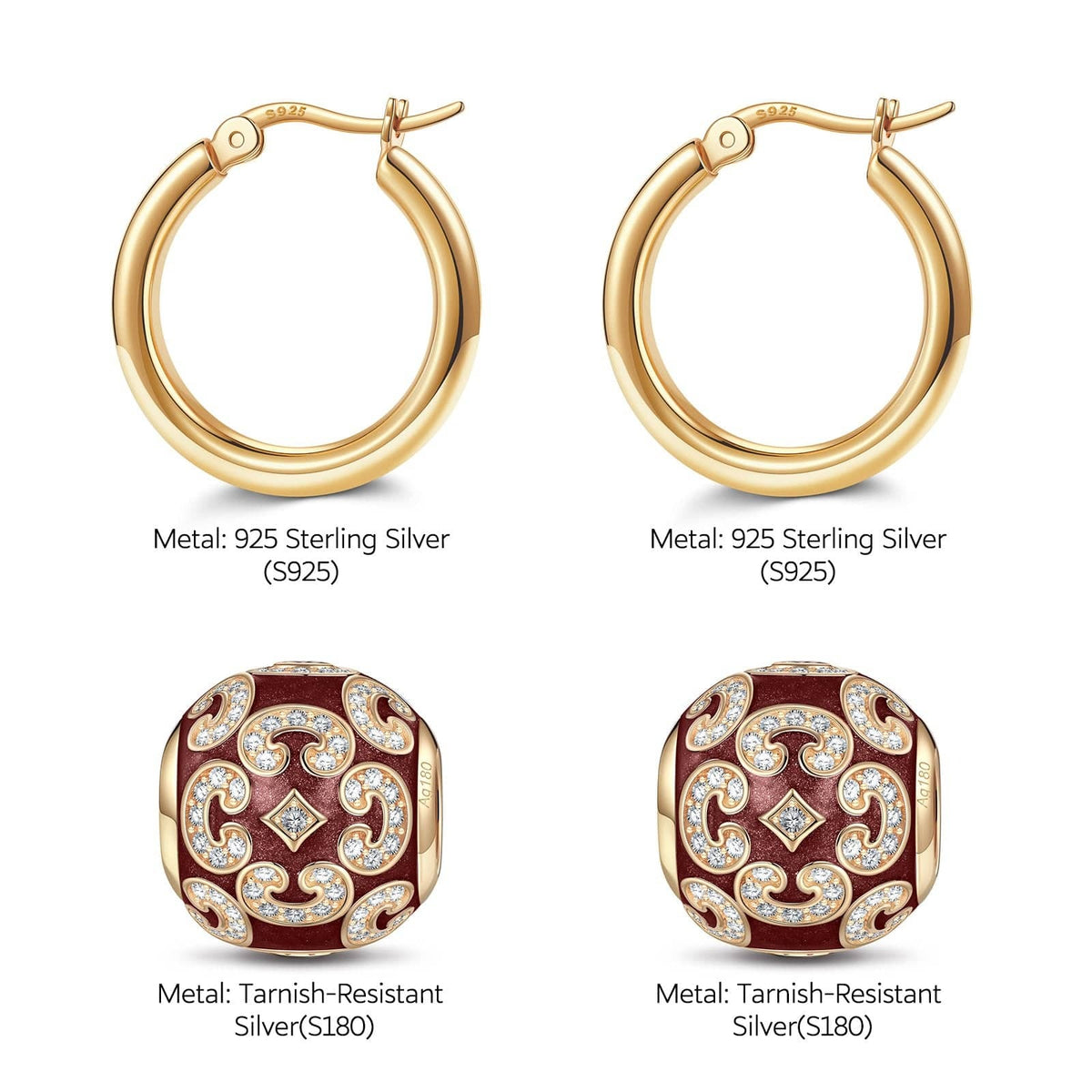 Sterling Silver Burgundy Versailles Ball Hoop Earrings With Enamel In 14K Gold Plated
