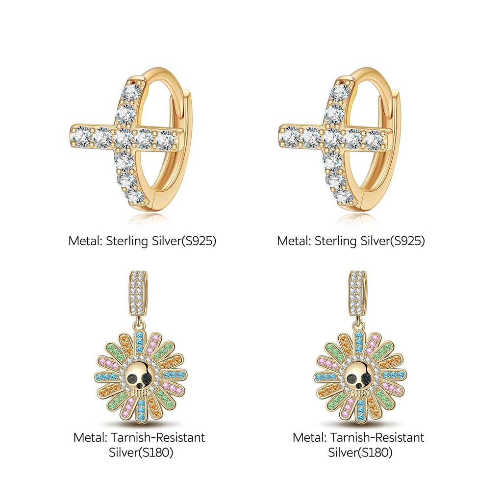 Sterling Silver Blossom on Bone Charms Earrings Set With Enamel In 14K Gold Plated