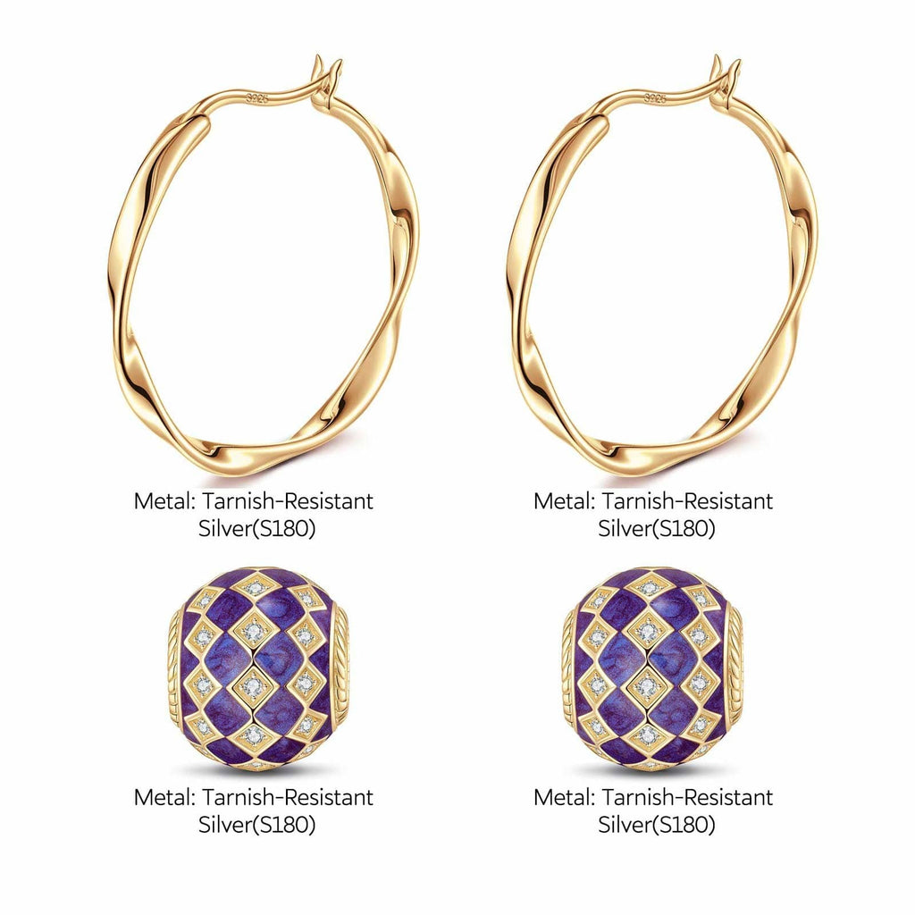Purple Magic City Tarnish-Resistant Silver Charms Earrings Set M Size Classic Hoop Earrings with Sterling Silver Ear Post With Enamel In 14K Gold Plated
