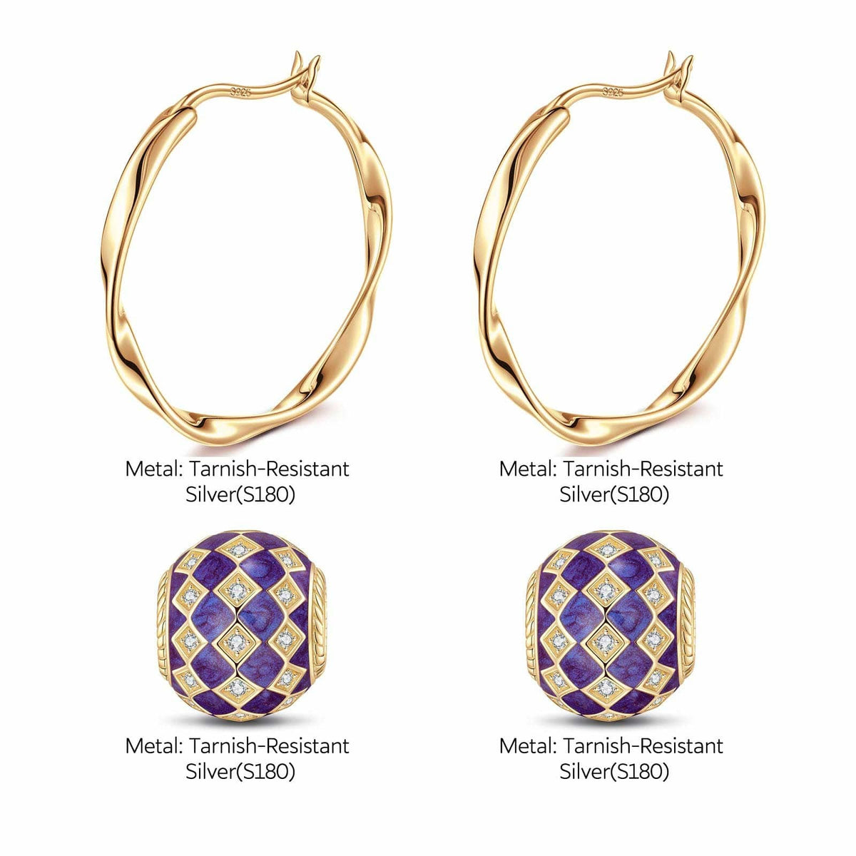 Purple Magic City Tarnish-Resistant Silver Charms Earrings Set M Size Classic Hoop Earrings with Sterling Silver Ear Post With Enamel In 14K Gold Plated