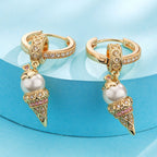 Sterling Silver Pearl Ice Cream Charms Earrings Set In 14K Gold Plated