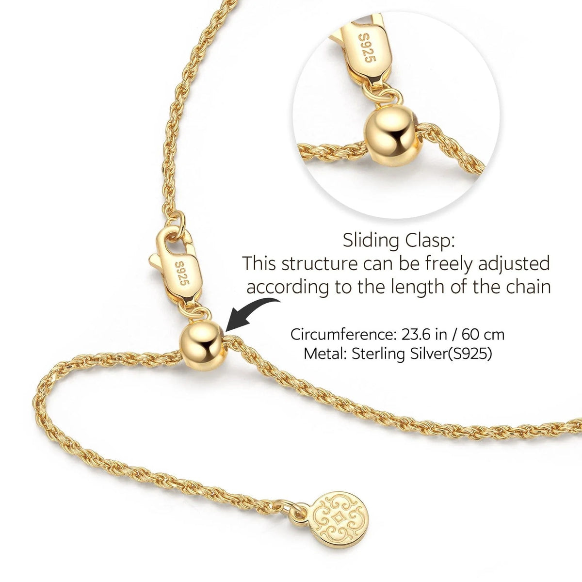Sterling Silver Adjustable Rope Chain Flourishing Vine Charms Necklace Set – Dual Plating in 14K Gold & White Gold