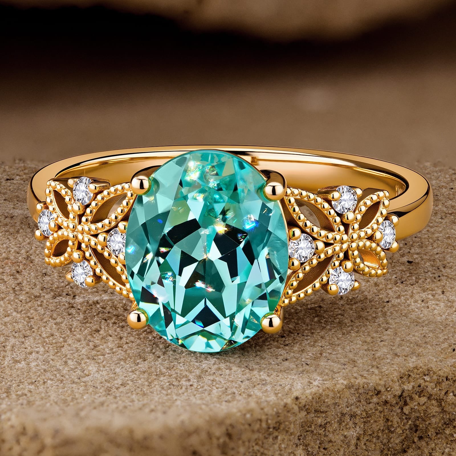 Oval Brilliant Cut Paraiba Tourmaline Pavé Engagement Ring – 14K Yellow Gold Plated