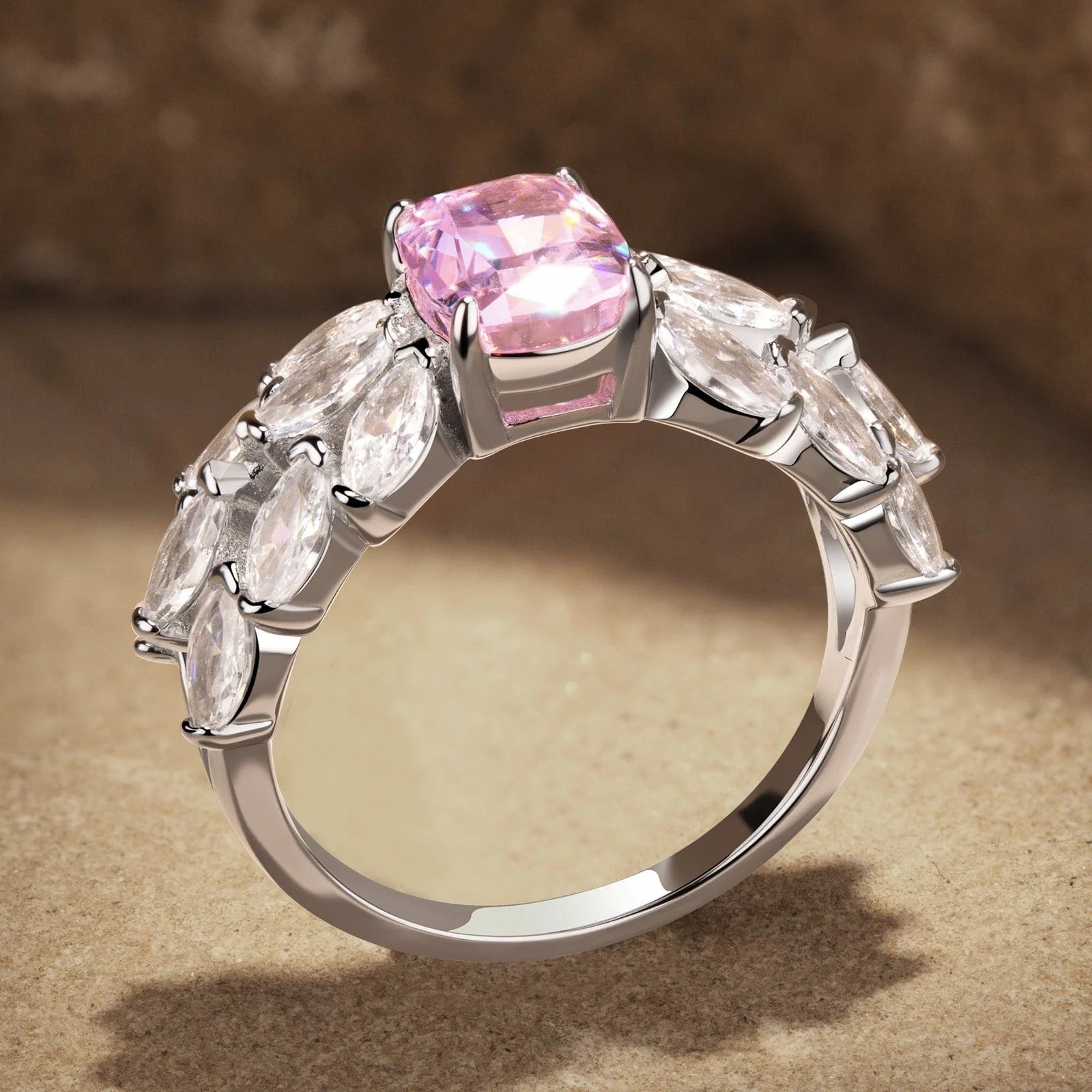 6×8mm Cushion Modified Brilliant Cut Fancy Vivid Pink Ice-Frosted Sparkle Lab Zircon Pavé Classic Engagement Ring – White Gold Plated