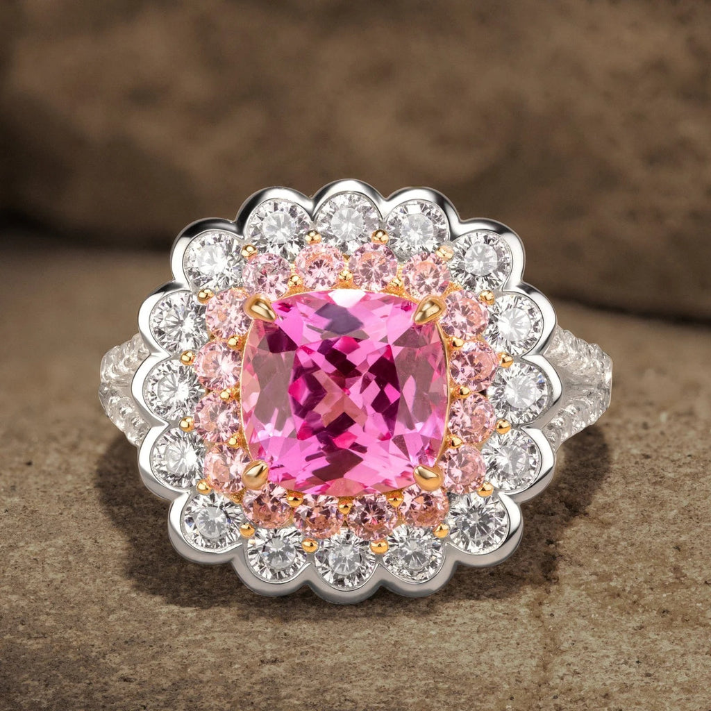 Cushion Cut Fancy Vivid Rose Lab-Certified Pink Sapphire Halo Classic Engagement Ring – Two-Tone Plating