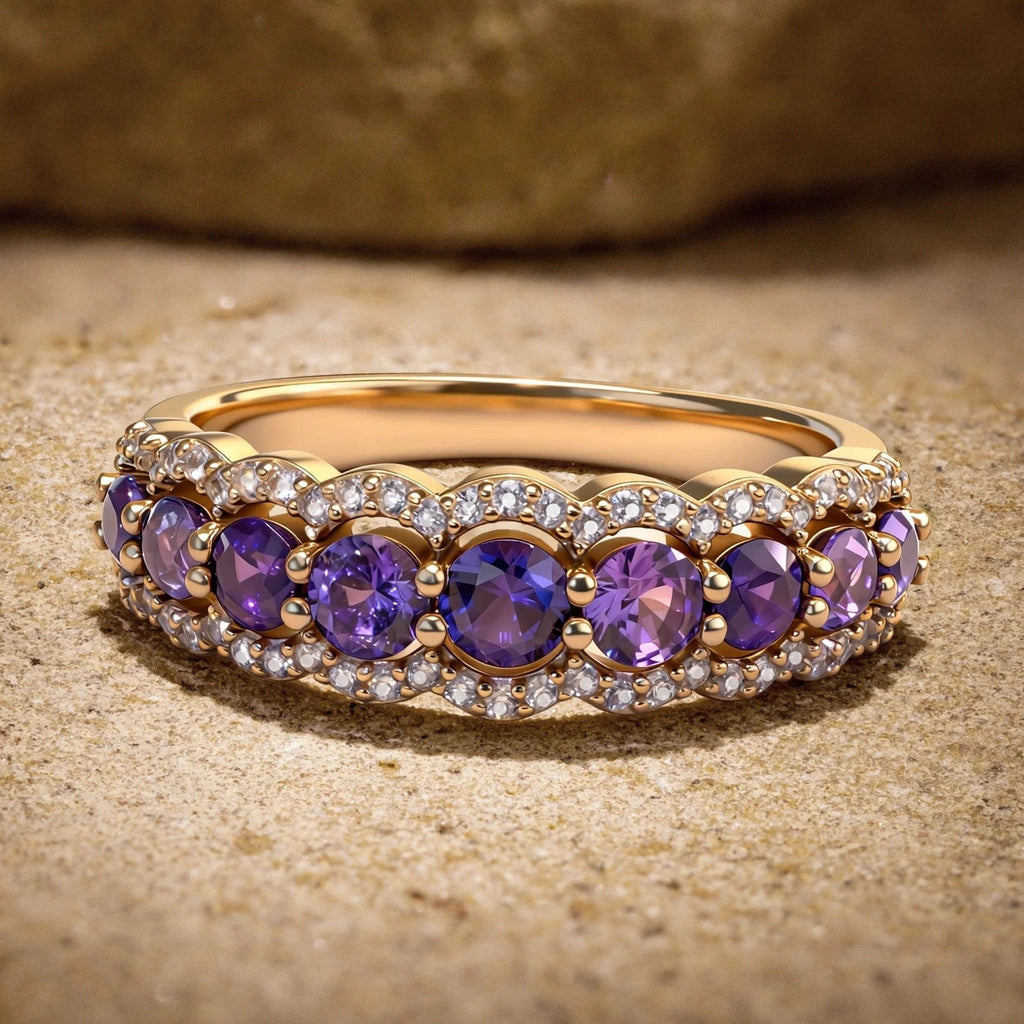 Round Brilliant Cut Vivid Violet Lab-Certified Purple Sapphire Half Eternity Ring – 14K Yellow Gold Plated
