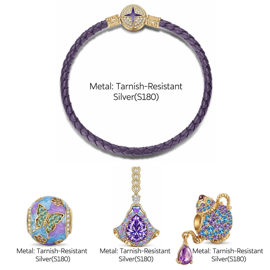 Purple Leather Wonderland Teapot Charm Bracelet Set