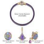 Purple Leather Wonderland Teapot Charm Bracelet Set