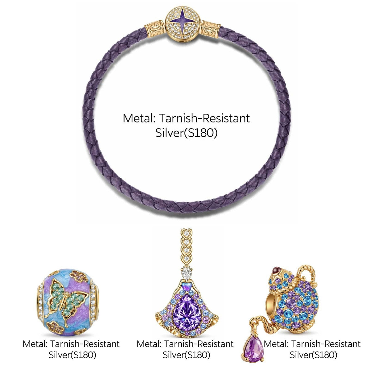 Purple Leather Wonderland Teapot Charm Bracelet Set