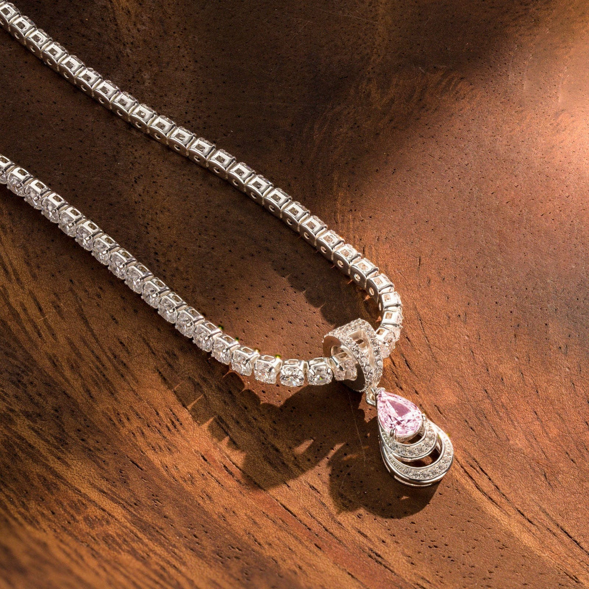 Sterling Silver Tennis Chain Mermaid’s Tear Charms Necklace Set – White Gold Plated