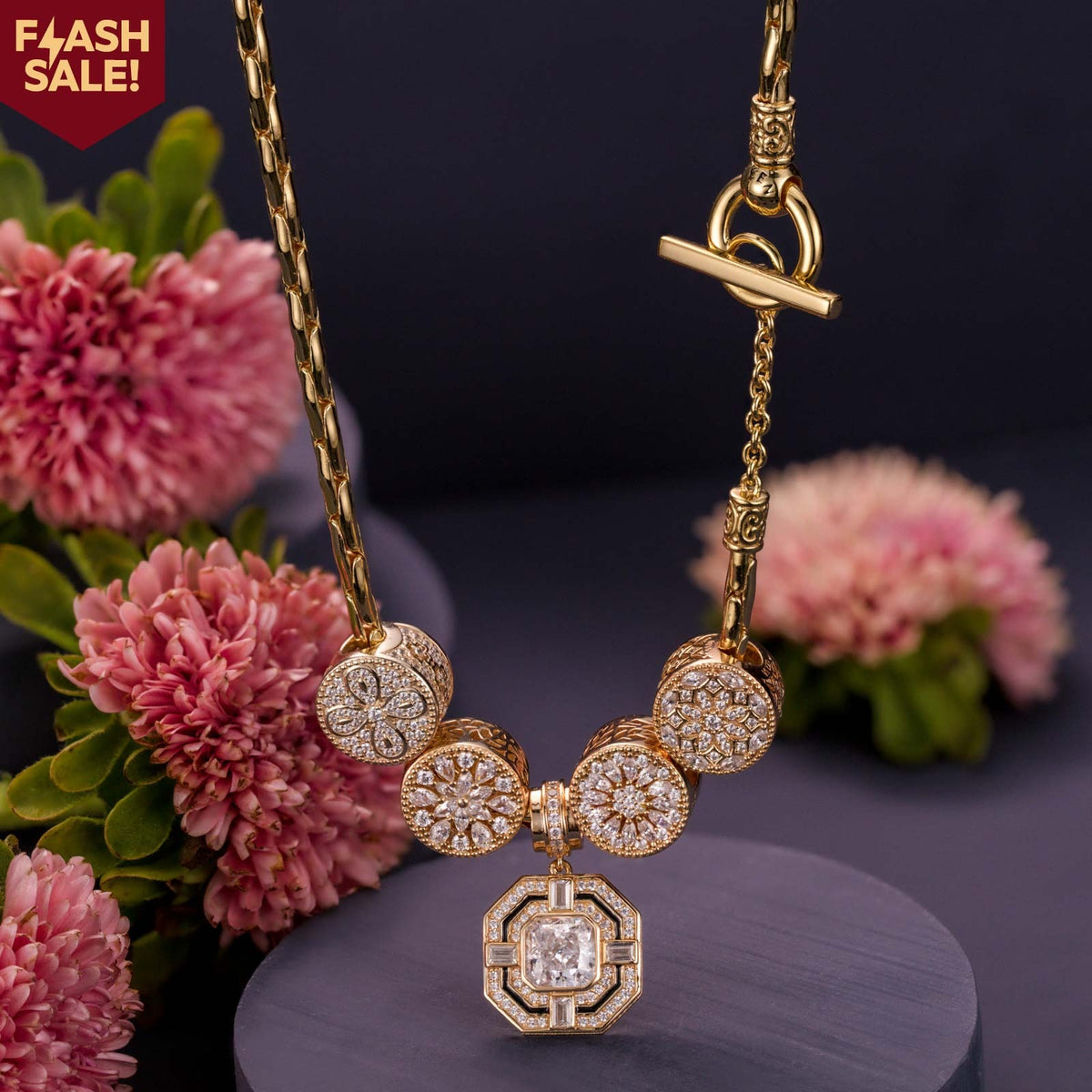 Sterling Silver Luminescent Elegance Charms Necklace Set – 14K Gold Plated