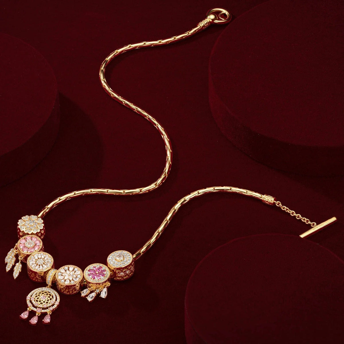Sterling Silver Rosy Dreams Charms Necklace Set – 14K Gold Plated