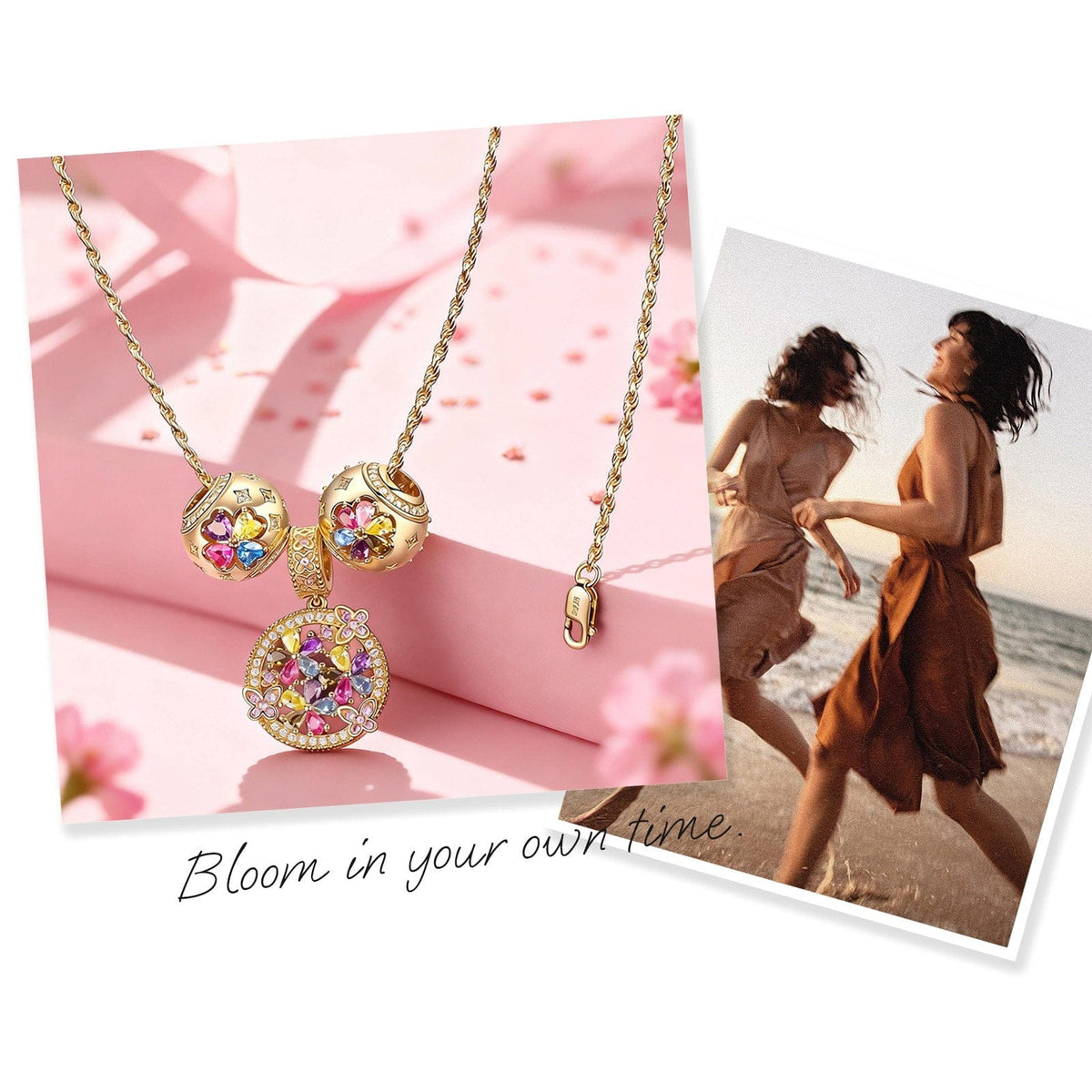Sterling Silver Blossom Beauty Charms Necklace Set – 14K Gold Plated