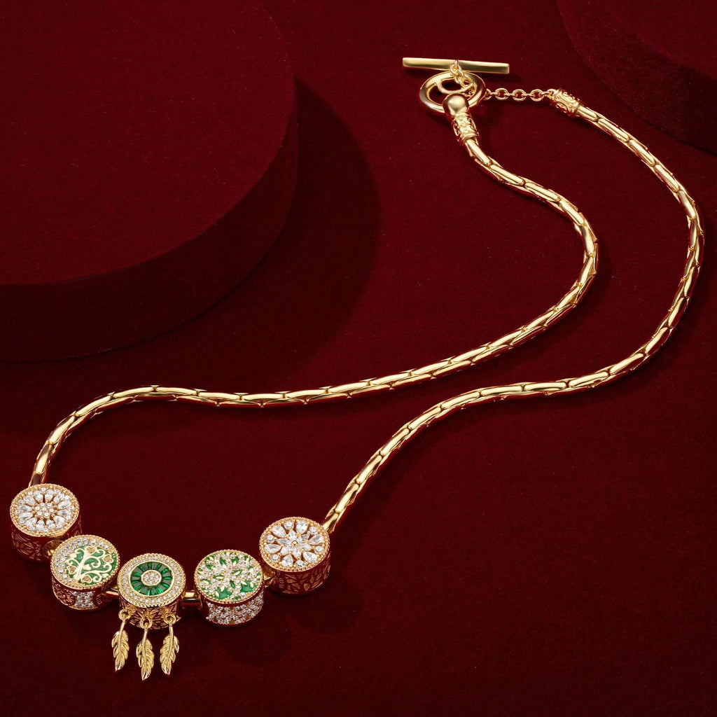 Sterling Silver Dreamweaving in Greenery Enamel Charms Necklace Set – 14K Gold Plated